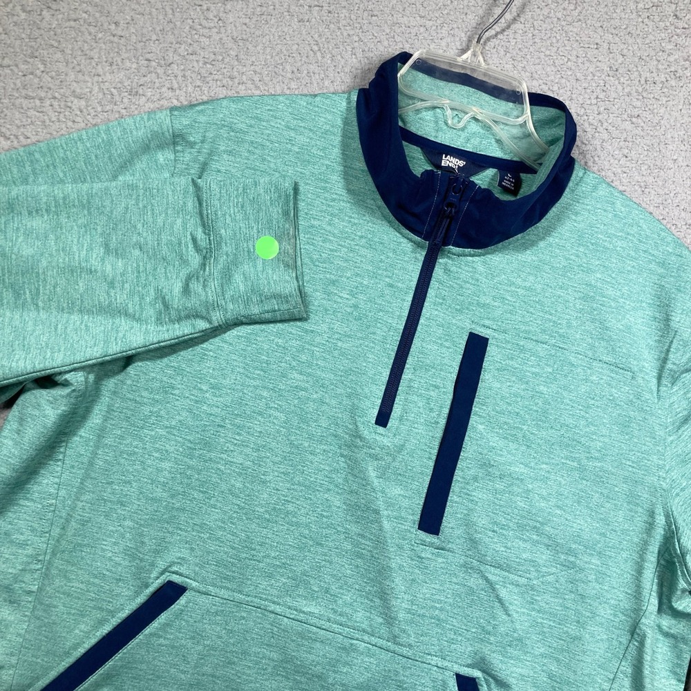 Lands' End Quarter Zip Pullover‎ Mens Large Teal Heather Navy Stretch Pocket